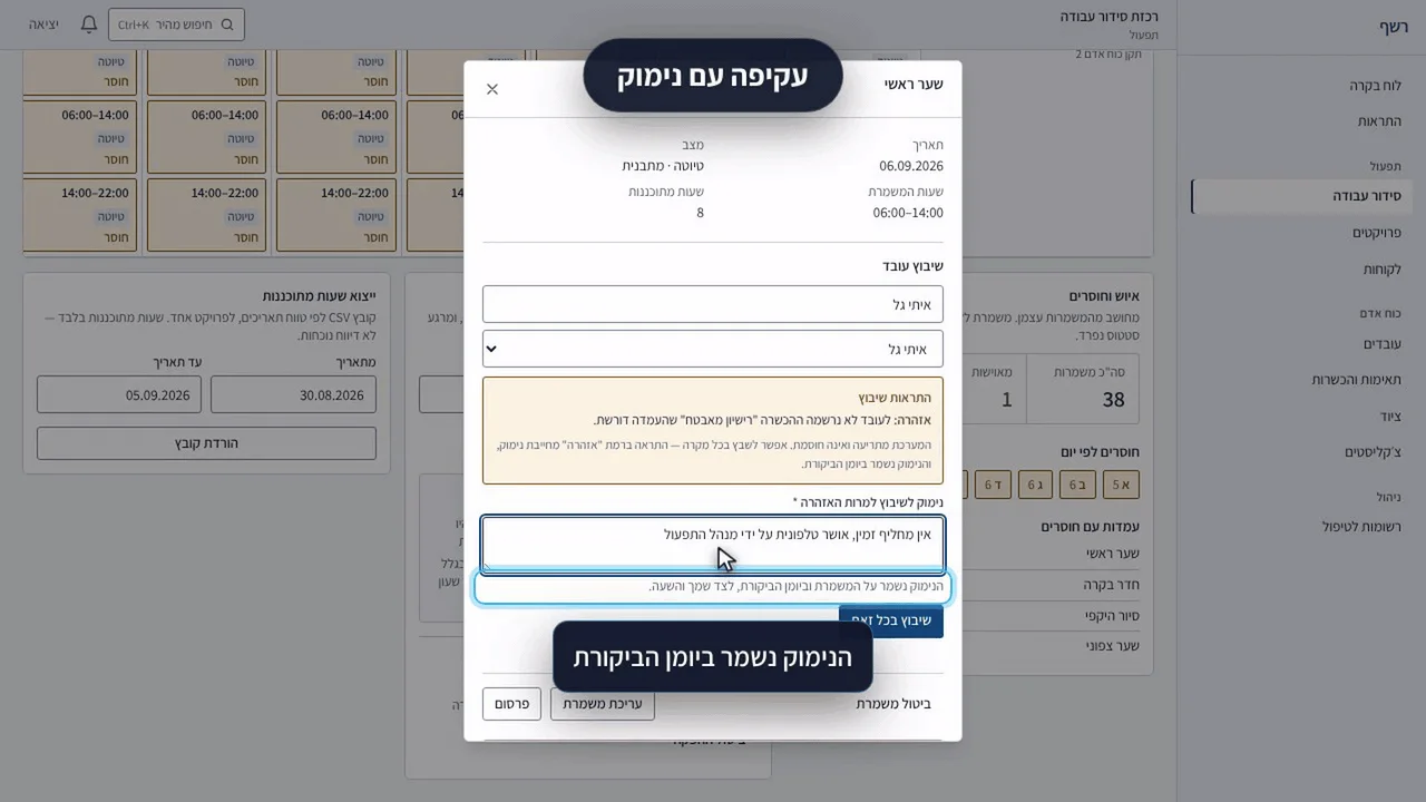 חלון שיבוץ משמרת במערכת: פרטי המשמרת בראש, מתחתיהם שדה בחירת מאבטח, ומתחתיו התראת שיבוץ בצהוב שמסבירה שלעובד לא נרשמה ההכשרה שהעמדה דורשת ושהמערכת מתריעה ואינה חוסמת. מתחת להתראה שדה חובה לנימוק ובו נכתב "אין מחליף זמין, אושר טלפונית על ידי מנהל התפעול", ולידו הערה שהנימוק יישמר על המשמרת וביומן הביקורת לצד השם והשעה.